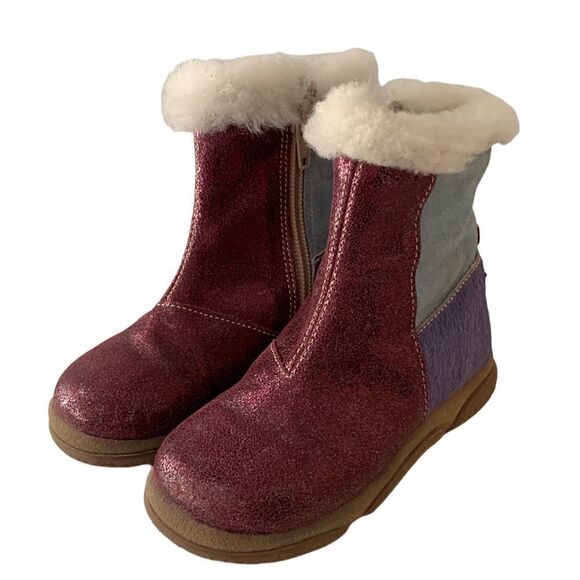 Mokine Toddler Genuine Leather Faux Fur Boots Purple Blue Made in Italy Size 6 - Picture 4 of 8